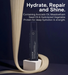 Hair care product with text about hydration, repair, and shine on a dark background