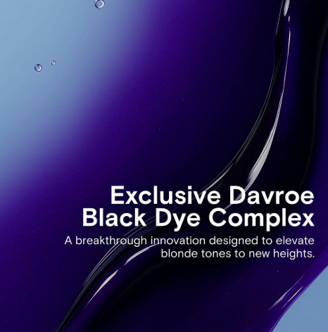 Close-up of a purple hair product with 'Exclusive Davroe Black Dye Complex' text.