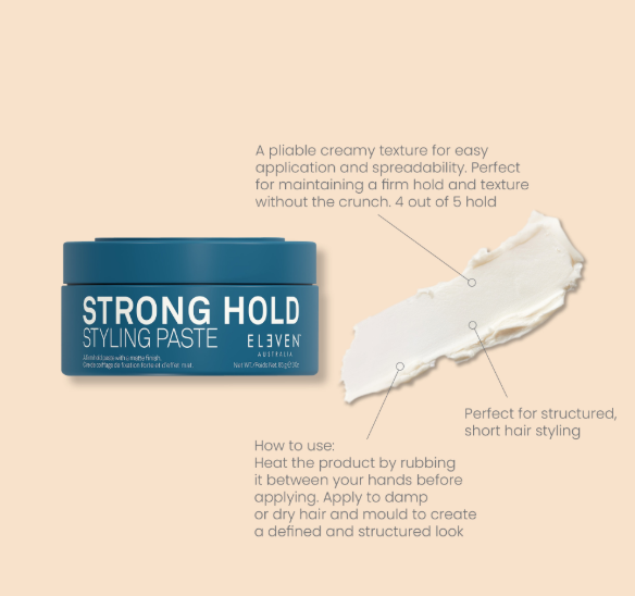 Blue jar of 'Strong Hold' styling paste with text on a beige background