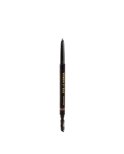 A slim retractable brow pencil on a light surface, with the brand 'Eye of Horus' visible on the pencil.