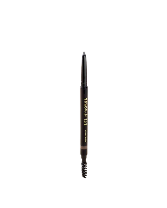 A slim retractable brow pencil on a light surface, with the brand 'Eye of Horus' visible on the pencil.