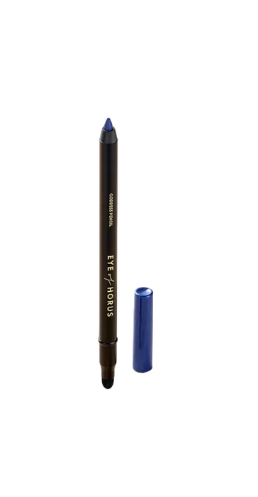 A close-up image of a blue-colored eyeliner pencil from the brand Eye of Horus, with the cap removed, displayed on a textured surface.