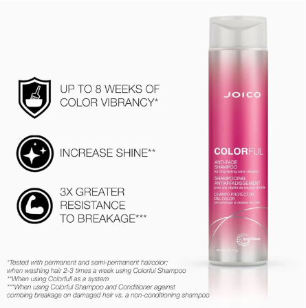 Joico Colorful shampoo bottle with product benefits on a white background