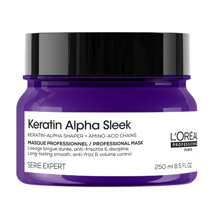 L'Oréal Professionnel Paris Keratin Alpha Sleek professional mask in a purple jar with a black lid and white label.