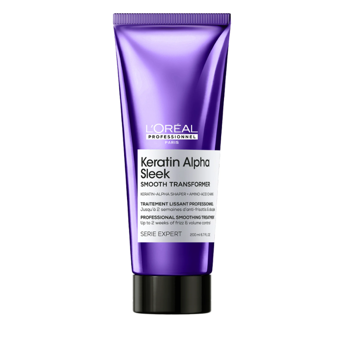 L'Oréal Professionnel Paris Keratin Alpha Sleek Smooth Transformer hair smoothing treatment in a metallic purple squeeze tube with a black cap, shown on a plain white background.
