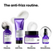Four L'Oréal Paris Keratin Alpha Sleek anti-frizz products arranged on a white background under the heading 'The anti-frizz routine.' The set includes a purple bottle labeled '01 Cleanse,' a purple tube labeled '02 Anti-frizz,' a purple jar labeled '03 Moisturize,' and a purple dropper bottle labeled '04 Smoothness.
