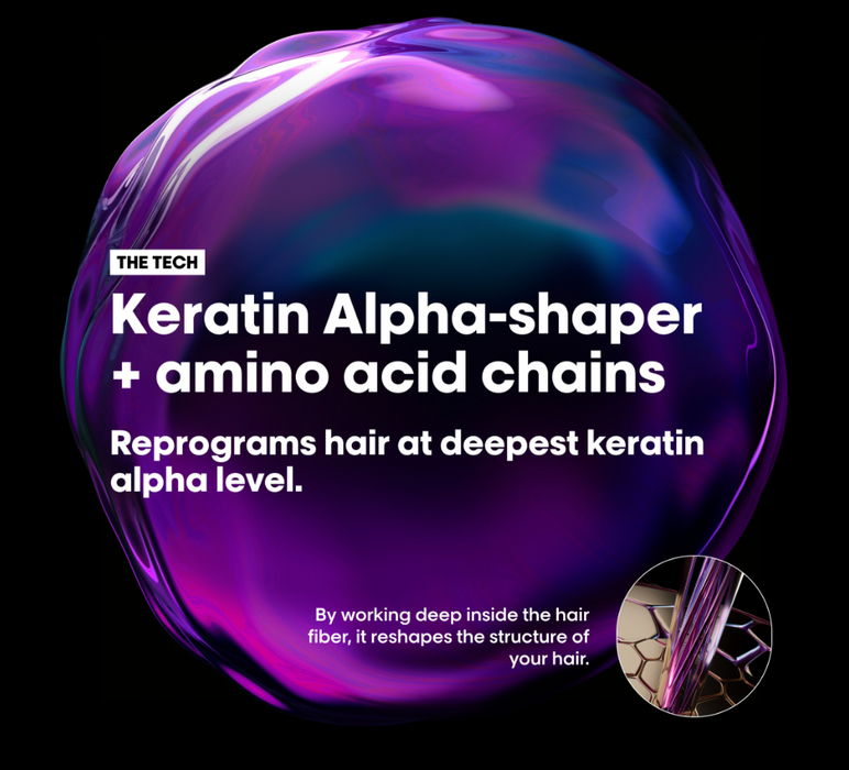 Promotional graphic for 'Keratin Alpha-shaper + amino acid chains' by The Tech, featuring a glossy purple and blue iridescent oval shape on a black background with white text explaining hair restructuring.