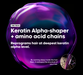 Promotional graphic for 'Keratin Alpha-shaper + amino acid chains' by The Tech, featuring a glossy purple and blue iridescent oval shape on a black background with white text explaining hair restructuring.