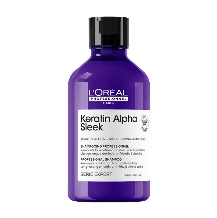 A 300 ml bottle of L'Oréal Professionnel Paris Keratin Alpha Sleek Professional Shampoo, featuring a vibrant purple bottle and a black cap on a white background.