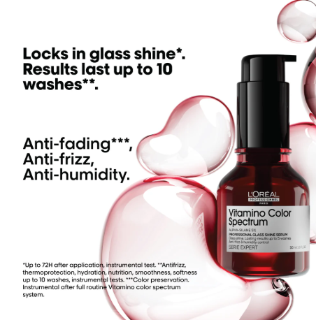 L'Oreal Vitamino Color Spectrum serum bottle with text highlighting product benefits on a white background.