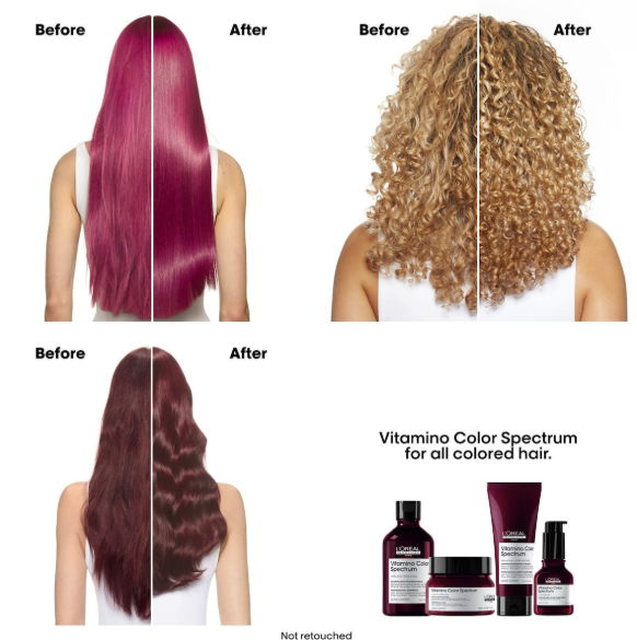 Before and after hair color transformation with L'Oreal products.