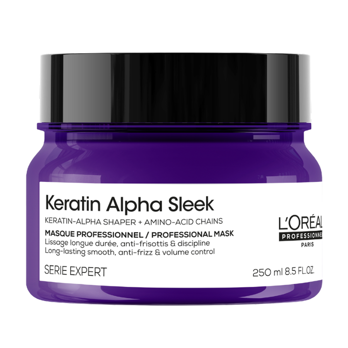 A jar of L'Oréal Professionnel Keratin Alpha Sleek professional mask in a deep purple jar with a black lid and white label, on a plain white background.
