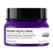 A jar of L'Oréal Professionnel Keratin Alpha Sleek professional mask in a deep purple jar with a black lid and white label, on a plain white background.