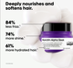 L'Oréal Paris Keratin Alpha Sleek hair care jar in purple and black, shown on a white background with promotional text highlighting hair benefits.