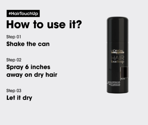 L'Oreal Hair Touch Up spray can with usage instructions on a white background