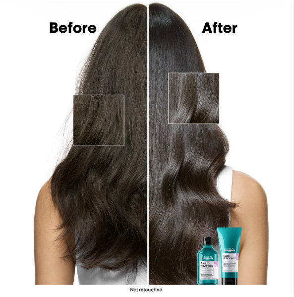 Before and after comparison of hair with a product on a white background