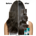 Before and after comparison of hair with a product on a white background