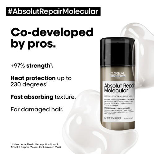 L'Oreal Absolut Repair Molecular hair care product with text highlighting features on a white background