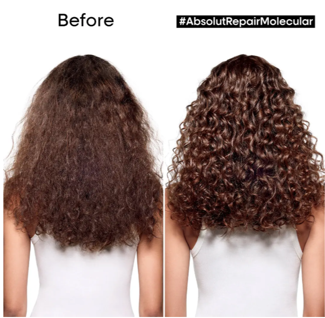 Before and after comparison of curly hair with '#AbsolutRepairMolecular' branding.