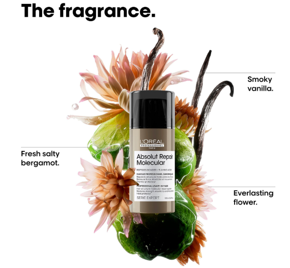 L'Oreal absolut repair molecular bottle with flowers and text describing fragrance notes on a white background