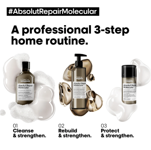 L'Oreal Paris Absolute Repair Molecular hair care products with step-by-step description on a white background.