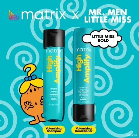 Matrix High Amplify shampoo and conditioner bottles with Mr. Men Little Miss branding on a blue background