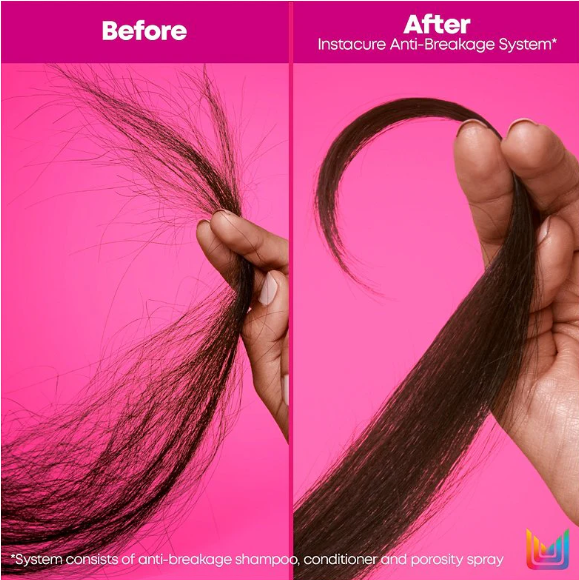 Before and after comparison of hair with an anti-breakage system on a pink background