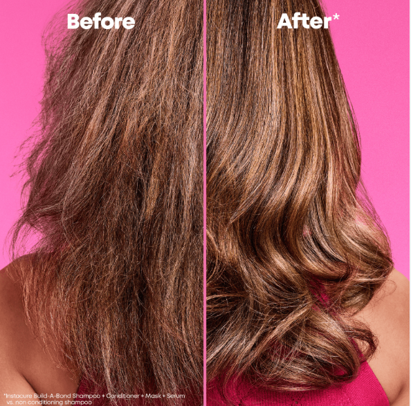 Before and after comparison of hair treatment on a pink background
