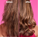 Before and after comparison of hair treatment on a pink background
