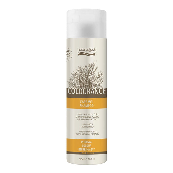 Bottle of Natural Look Colourance Caramel Shampoo 250ml with product information and branding on the label.