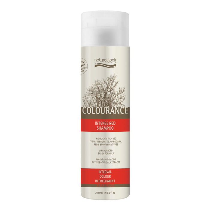 A bottle of Natural Look Colourance Intense Red Shampoo 250ml with a label showing red and silver colors and a tree graphic.