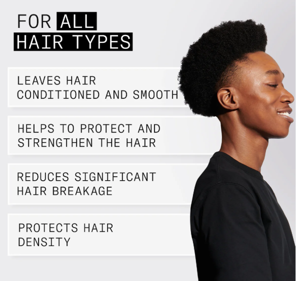 Person with styled hair on a white background with text about hair care benefits.
