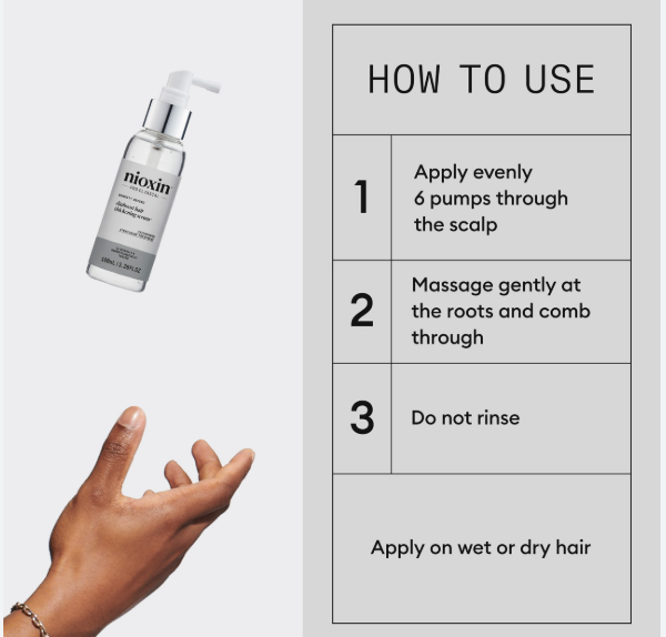 Nioxin hair care product with usage instructions on a gray background