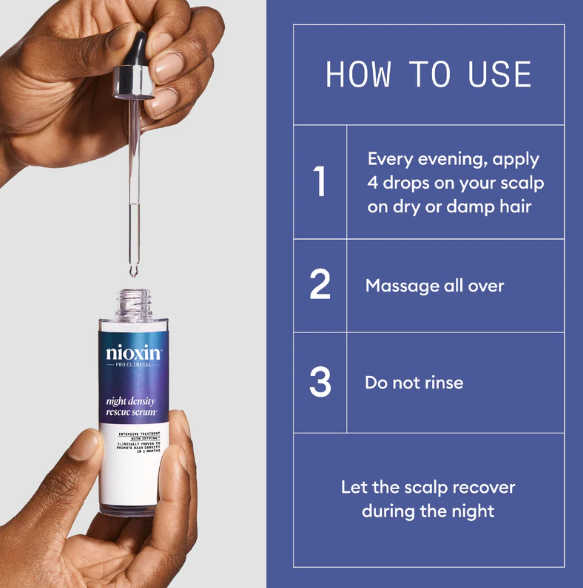 Nioxin hair serum bottle with dropper and usage instructions on a blue background