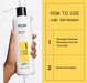 Nioxin shampoo bottle held by a hand with usage instructions on a yellow background