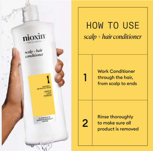 Nioxin scalp and hair conditioner bottle held by a hand with usage instructions on a yellow background.