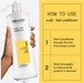 Nioxin scalp and hair conditioner bottle held by a hand with usage instructions on a yellow background.