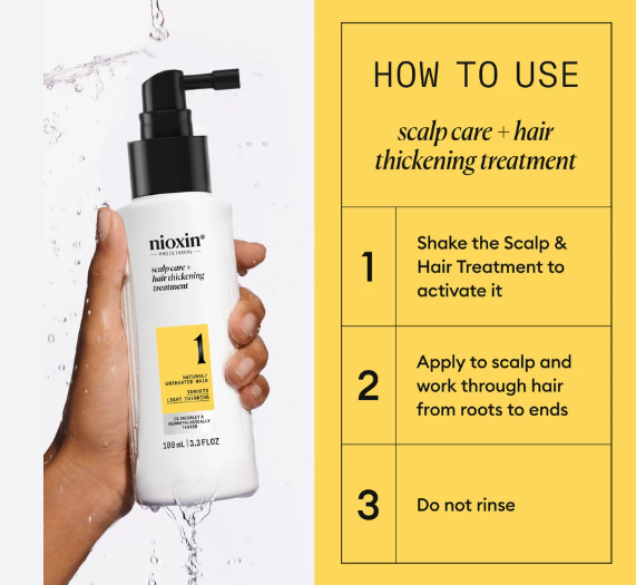 Nioxin scalp care and hair thickening treatment bottle with usage instructions on a yellow background