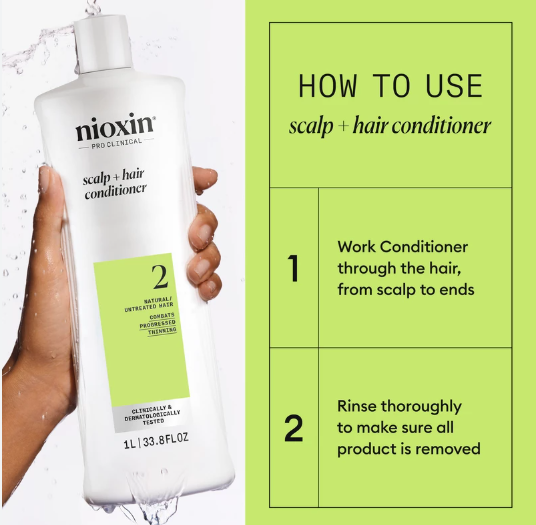Nioxin scalp and hair conditioner bottle with usage instructions on a green background