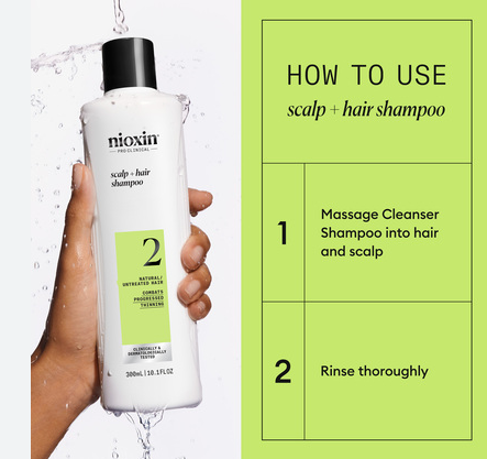 Nioxin shampoo bottle with usage instructions on a green background