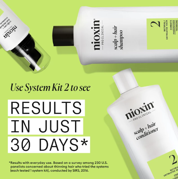 Nioxin scalp and hair care products on a green background with promotional text.