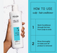 Nioxin scalp and hair conditioner bottle held by a hand with usage instructions on a blue background