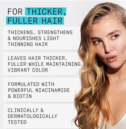 Advertisement for hair product with text and a woman with blonde hair.