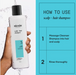 Nioxin shampoo bottle held by a hand with usage instructions on a blue background