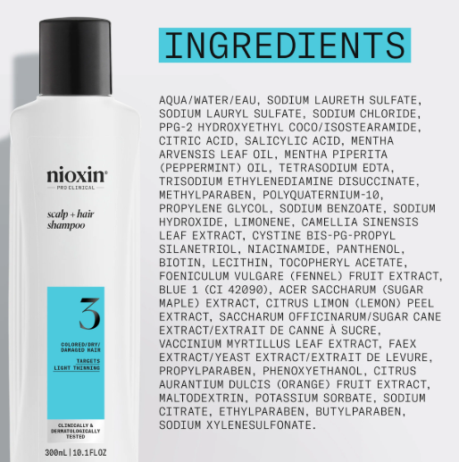 Nioxin shampoo bottle with a list of ingredients on a white background