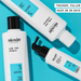 Nioxin hair care products on a blue background with text about hair thickness.