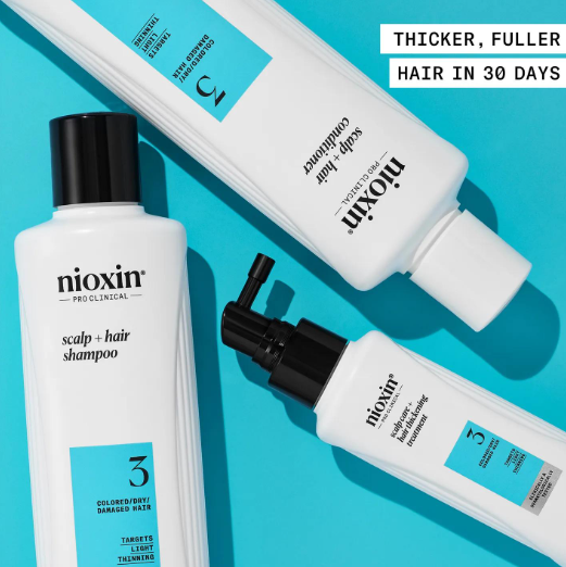 Nioxin hair care products on a blue background with text about hair thickness.