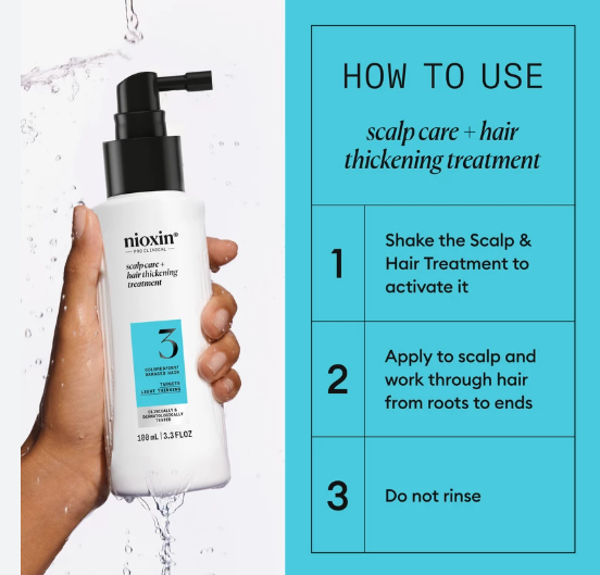 Nioxin scalp care and hair thickening treatment bottle with usage instructions on a blue background