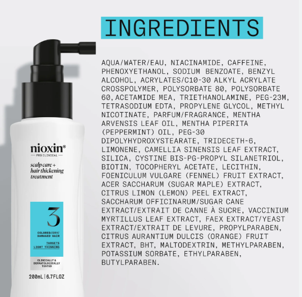 Nioxin hair treatment bottle with ingredient list on a white background