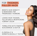 Advertisement for hair product with text and a woman with styled hair.